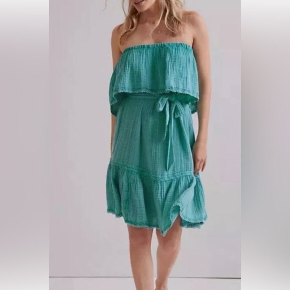 Daily Practice Anthroplogie Green Strapless Dress with Ruffle Hem